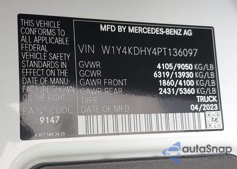 2023 Mercedes-Benz Sprinter 2500 High Roof 4-Cyl Diesel z USA, uszkodzony, nr VIN W1Y4KDHY4PT136097